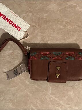 UNIONBAY Brown Embroidered Wristlet with Turquoise & Coral Accents